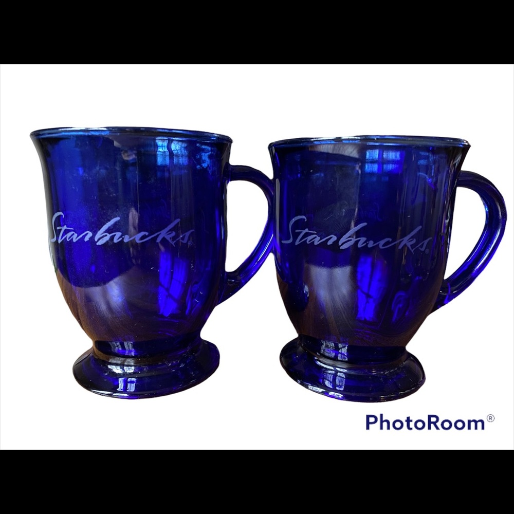 Pair of Starbucks cobalt blue glass collectible mugs/ glasses